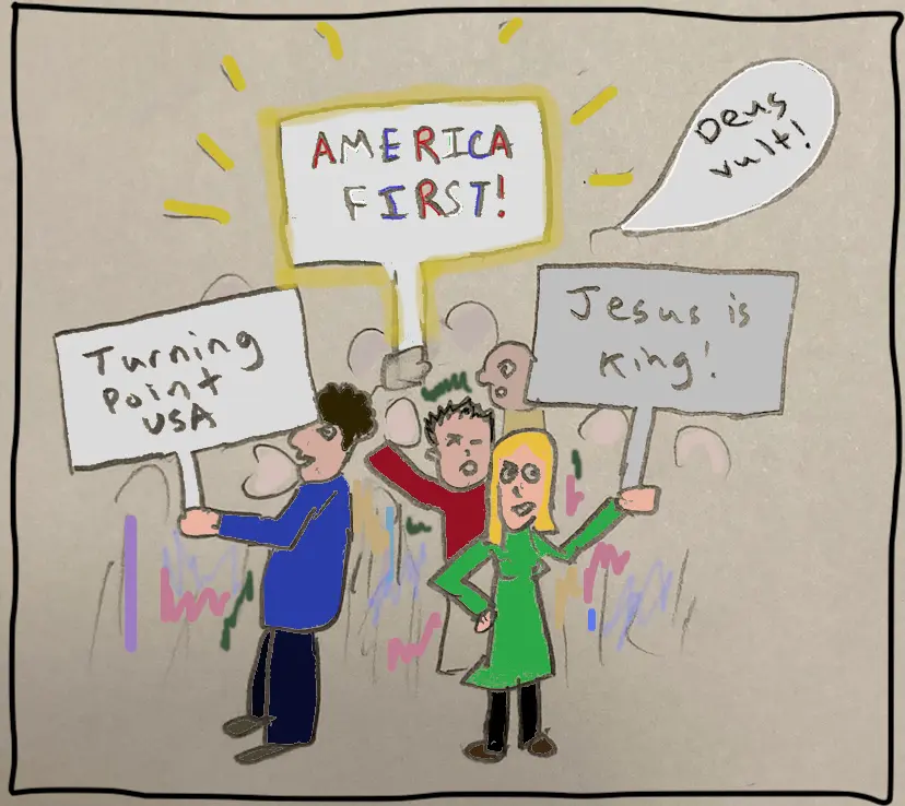 Various Christian Nationalists outside shouting, among other things, 'America First.'